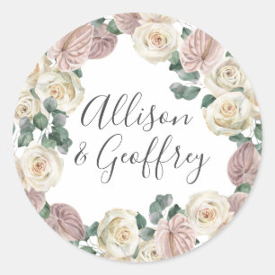 Adesivo Redondo Rosas e Orquídeas em Aquarela Casamento Personaliz