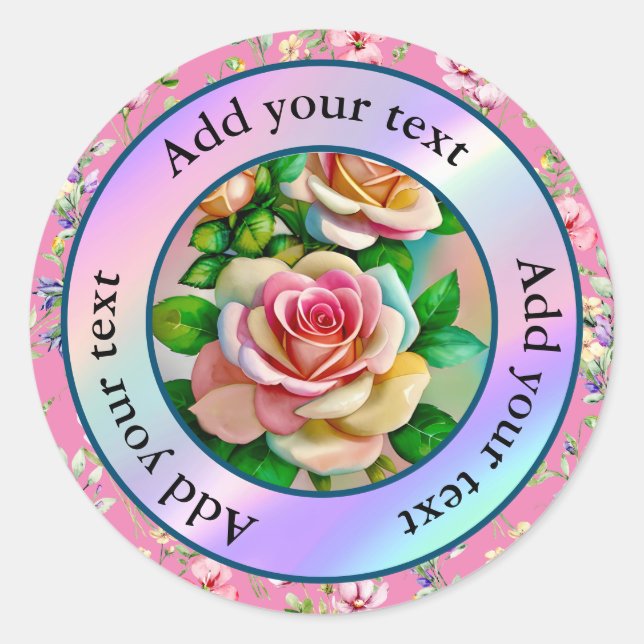 Adesivo Redondo Rosas Elegância Rosa e Amarelo Aquarela Pastel (Frente)