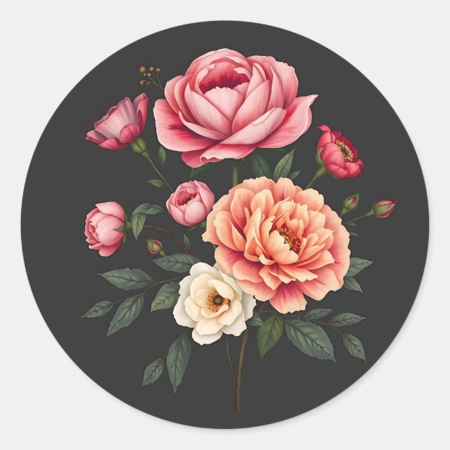 Adesivo Redondo Rosas Elegantes Peonies e Flores Hydrangeas (Frente)