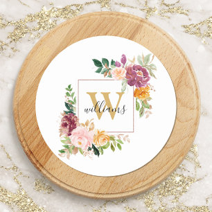 Adesivo Redondo Rosas em Aquarela com Monograma Flor Floral Dourad