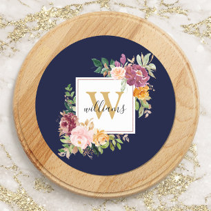 Adesivo Redondo Rosas em Aquarela Monograma Flores Floral Dourado