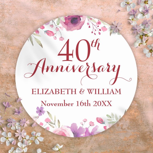 Adesivo Redondo Rosas em Aquarela para 40º Aniversário de Bodas de (40th Ruby Wedding Anniversary Watercolor Roses Classic Round Sticker)