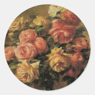 Adesivo Redondo Rosas em um Vaso de Pierre Renoir, Arte Fino Antig