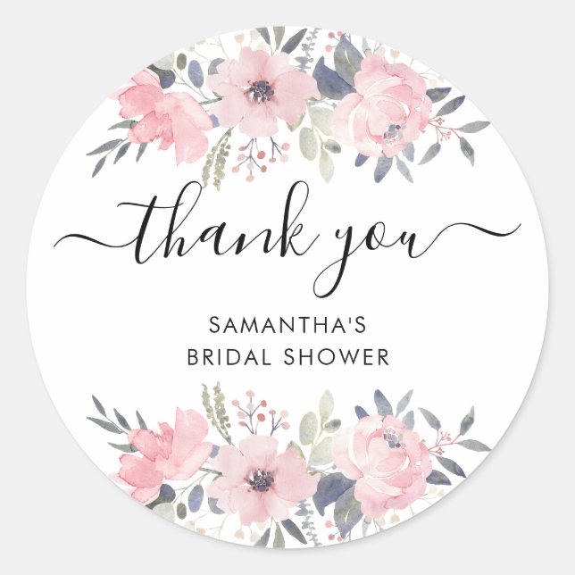 Adesivo Redondo Rosas Florais Rosa Script Agradecimento Aquarela (Frente)