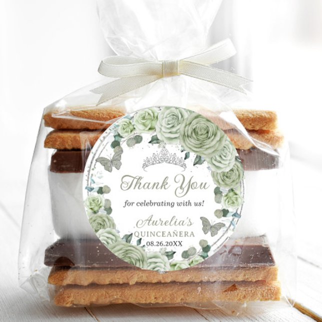 Adesivo Redondo Rosas Florais Verdes Sage Silver Tiara Borboletas (Criador carregado)