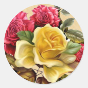 Adesivo Redondo Rosas Florais Vermelhas e Amarelas Vintage
