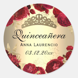 Adesivo Redondo Rosas Florais Vermelhas Quinceanera Dourada