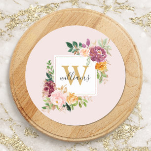 Adesivo Redondo Rosas Monograma Aquarela Flores Floral Dourado