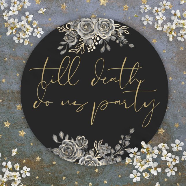 Adesivo Redondo Rosas Negros E Dourados Favor De Casamento Gótico  (Black And Gold Roses Floral Gothic Wedding Favor Classic Round Sticker)