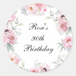 Adesivo Redondo Rosas Peônias Papoulas em Aquarela Rosa