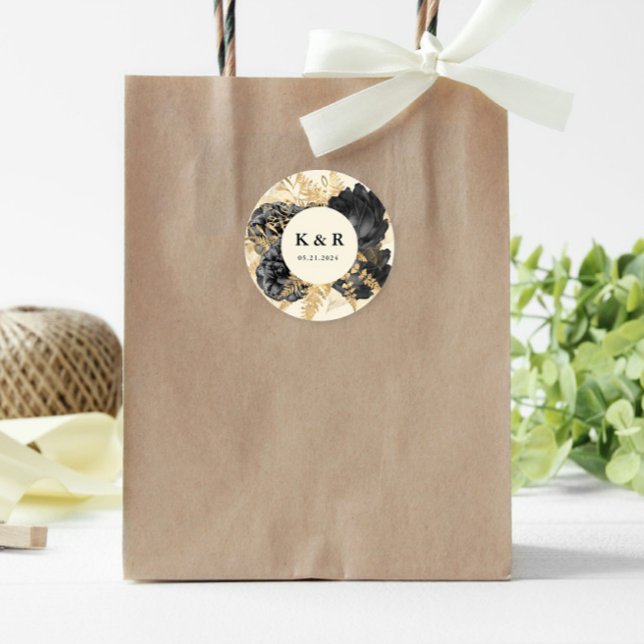 Adesivo Redondo Rosas Pretos Dourados Com Água Monograma De Casame (Criador carregado)