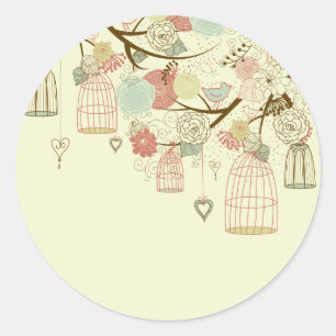 Adesivo Redondo Rosas românticos, pássaros, birdcages, vintage