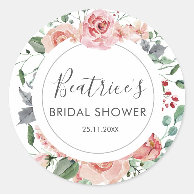 Adesivo Redondo Rosas Rosa Chá de panela Wreath Muito Obrigado (Frente)