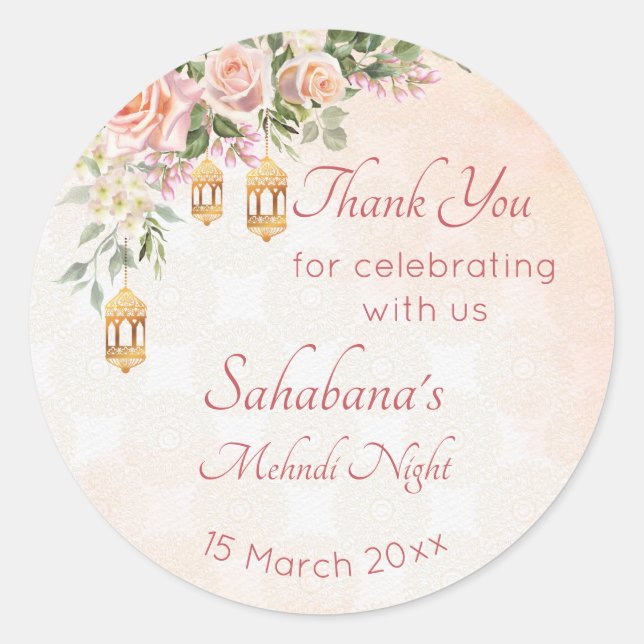 Adesivo Redondo Rosas rosa creme pastéis com lanternas marroquinas (Frente)