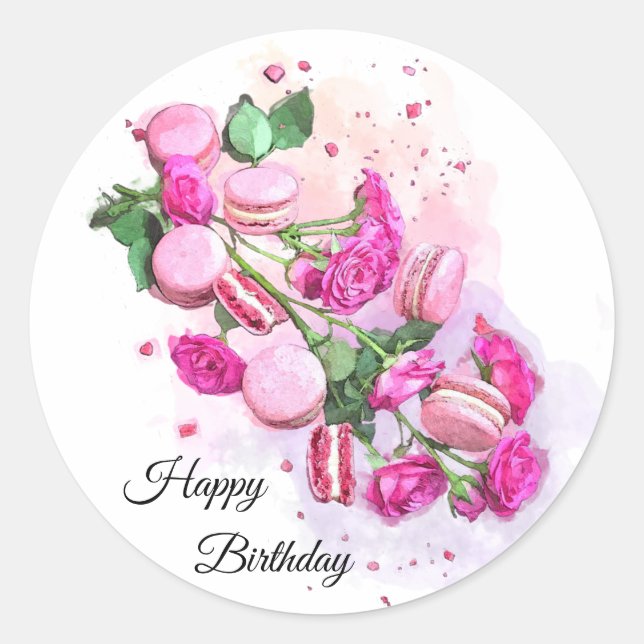 Adesivo Redondo Rosas Rosa-d-água e Macarões Franceses Aniversário (Frente)