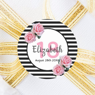 Adesivo Redondo Rosas rosa do 18.º aniversário em listras branca