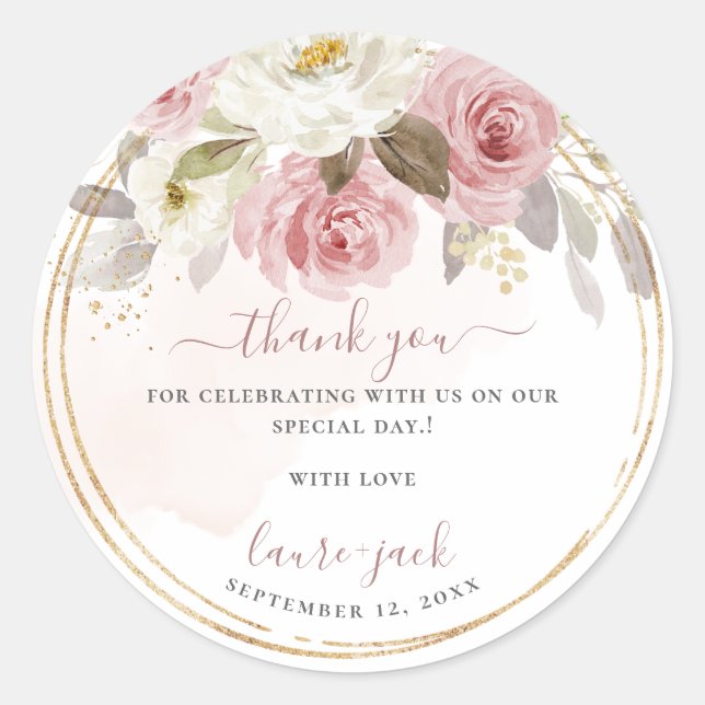 Adesivo Redondo Rosas Rosa Dusty H2 do ArtsApp Evento DIY Obrigado (Frente)