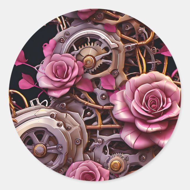 Adesivo Redondo Rosas rosa e Steampunk de engrenagens Metálicas (Frente)
