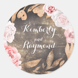 Adesivo Redondo Rosas Rosa Esbranquiçadas e Folhas Douradas Rústic