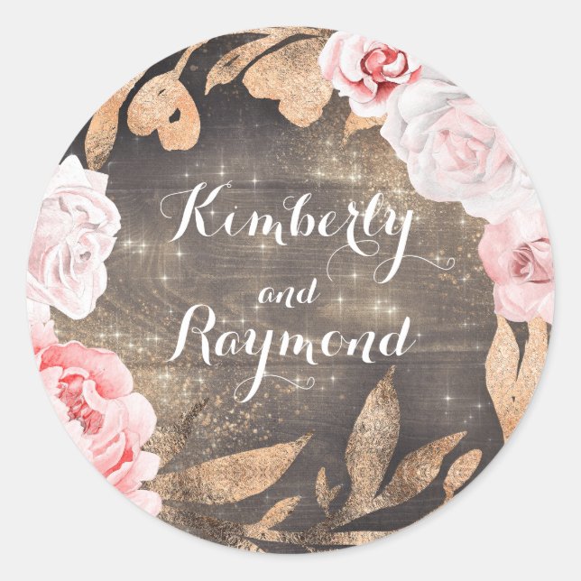 Adesivo Redondo Rosas Rosa Esbranquiçadas e Folhas Douradas Rústic (Frente)