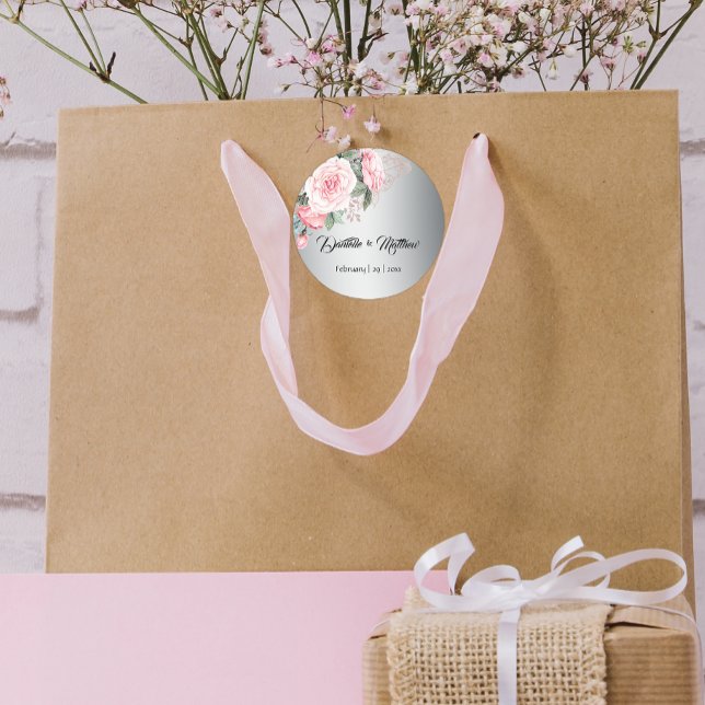 Adesivo Redondo Rosas Rosa no Casamento Botânico de Prata (Criador carregado)