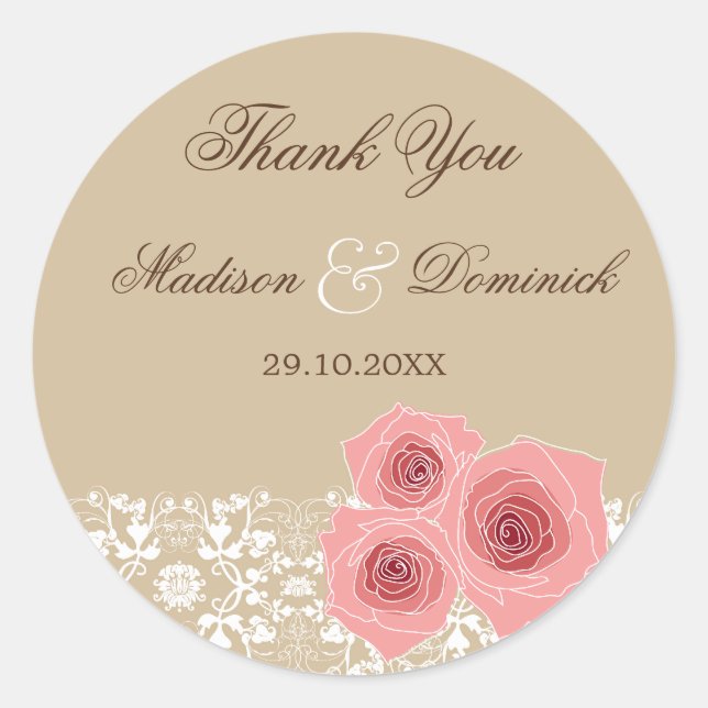 Adesivo Redondo Rosas Rosa Românticas, Vinheta de Casamento Damask (Frente)
