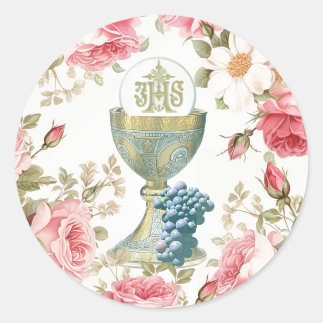 Adesivo Redondo Rosas rosa-rosa da Primeira Comunhão Católica (Frente)