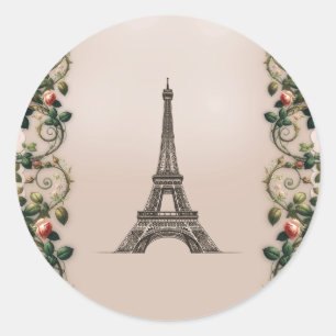 Adesivo Redondo Rosas Rosa Rosa Vines Torre Eiffel Elegante