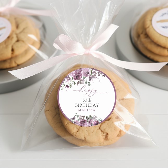 Adesivo Redondo Rosas Roxos Elegantes 60ª Festa de aniversário (Criador carregado)