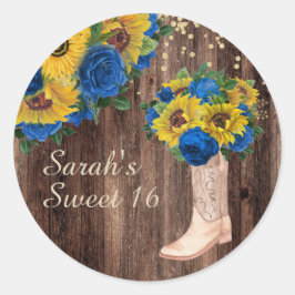 Adesivo Redondo Rosas Rustic Sunflower Blue Boots Sweet 16