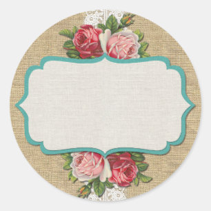 Adesivo Redondo Rosas Shabby Chic em Renda Vintage e Burlap Rústic