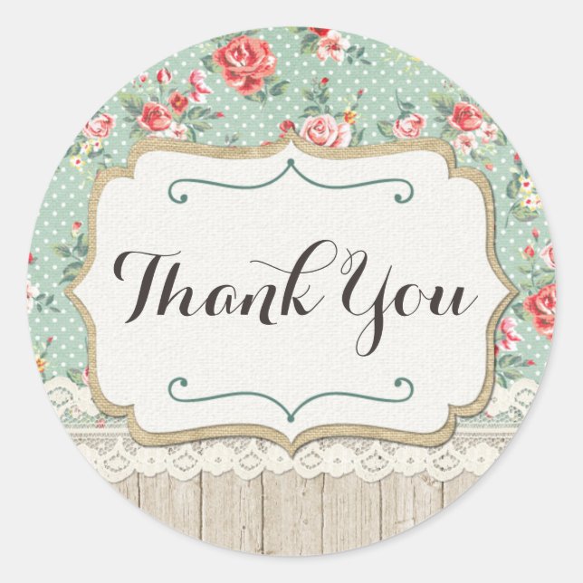 Adesivo Redondo Rosas Shabby Chic, Renda & Sacaria Sacaria Obrigad (Frente)