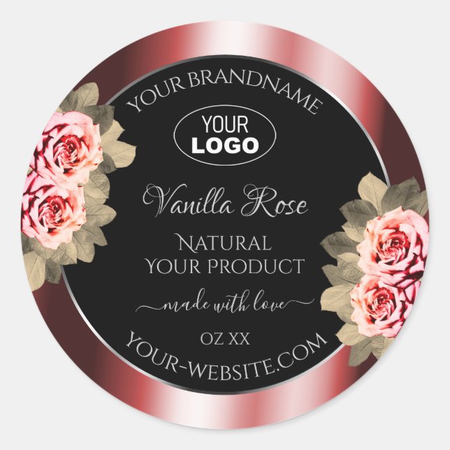 Adesivo Redondo Rosas Shimmering Red Black Product Labels Logo (Frente)