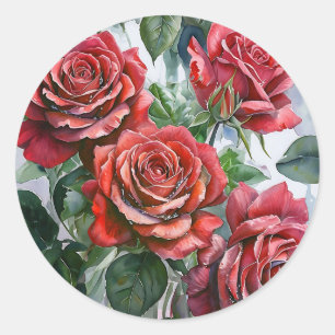 Adesivo Redondo Rosas vermelhas de Aquarela com Folhas Verdes