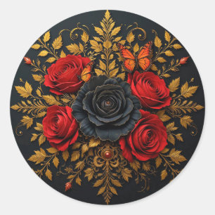 Adesivo Redondo Rosas Vermelhas e Pretas Flores Românticas