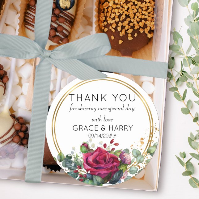 Adesivo Redondo Rosas vermelhas no Dourado Casamento de Anéis Obri (Thank you stickers from my Red Rose and Eucalyptus collection)