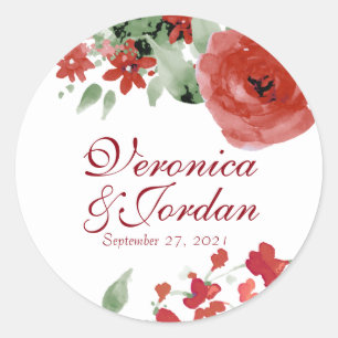 Adesivo Redondo Rosas vermelhos brilhantes da aguarela que Wedding