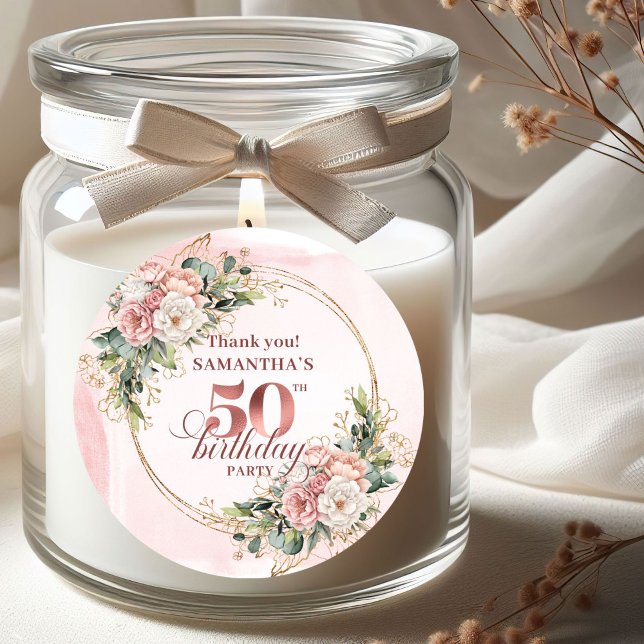 Adesivo Redondo Rose Gold Blush Floral Greenery 50th Birthday  (Rose Gold Blush Floral Greenery 50th Birthday Stickers)