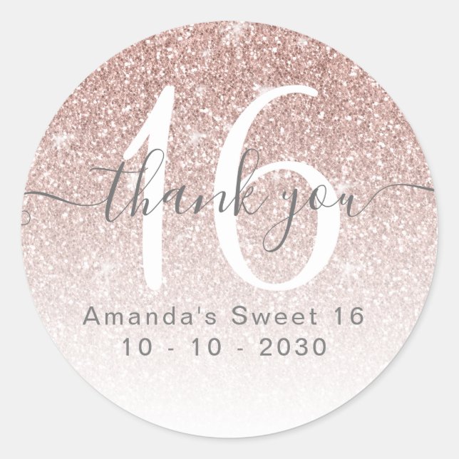 Adesivo Redondo Rose Gold Glitter Sweet 16 Party Favor Obrigado (Frente)