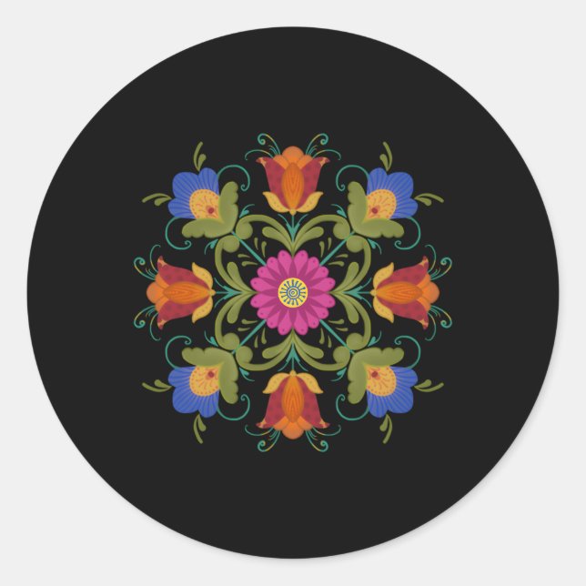 Adesivo Redondo Rosemaling Floral Norueguês Folheto (Frente)