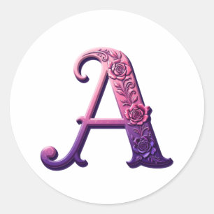 Adesivo Redondo Rosemaling Metálico Moderno Letra A, Rosa/Roxo