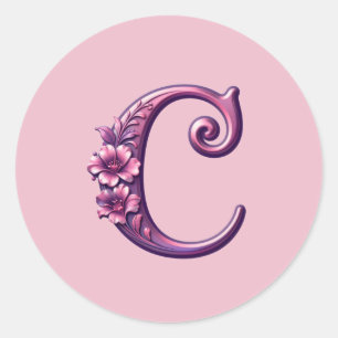 Adesivo Redondo Rosemaling Metálico Moderno Letra C, Rosa/Roxo