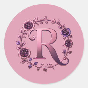 Adesivo Redondo Rosemaling Metálico Moderno Letra R, Rosa/Roxo