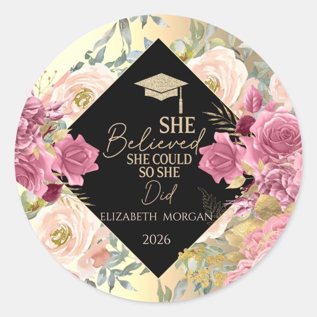 Adesivo Redondo Roses Flowers Gold Cap Motivational Message  (Frente)