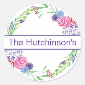 Adesivo Redondo Rosey Purple Floral Wreath Name