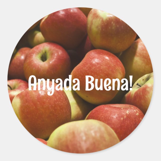 Adesivo Redondo Rosh Hashanah Apple Stickers com Saudação Ladino (Frente)