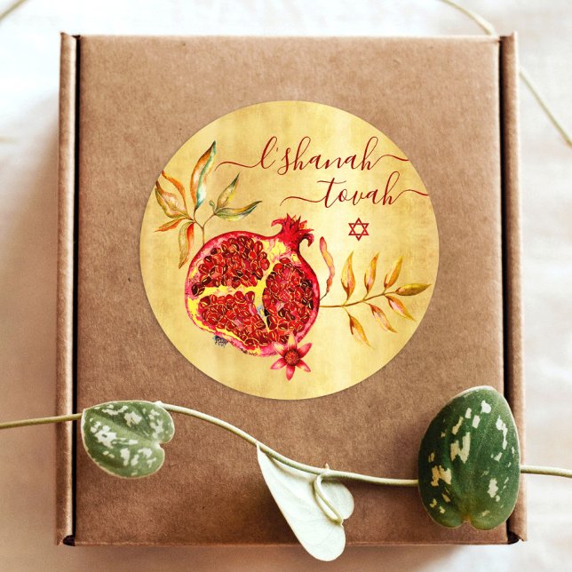 Adesivo Redondo Rosh Hashanah Red Pomegranate Watercolor em Dourad (Criador carregado)