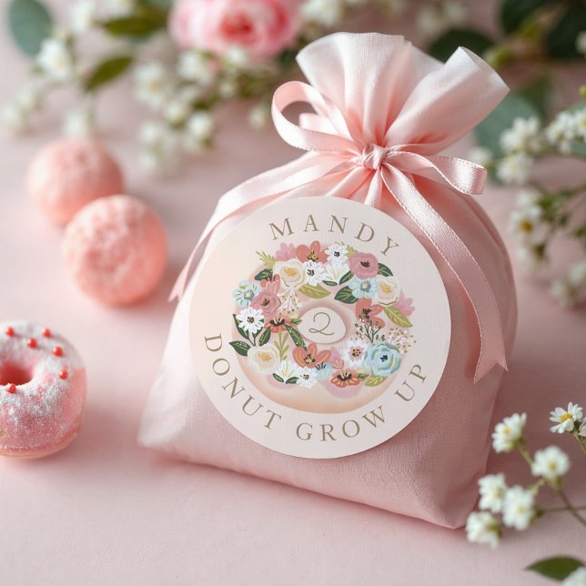 Adesivo Redondo Rosquinha Cresce Rosquinha Floral Flor Aniversário (Donut Grow Up Floral Blossom Donut Birthday Classic Round Sticker)