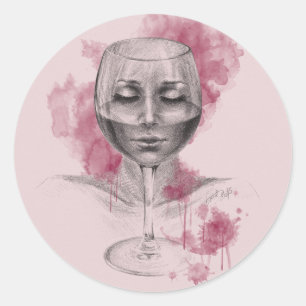 Adesivo Redondo Rosto de mulher em vinho, arte surreal de desenho