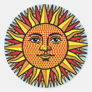 Adesivo Redondo Rosto do Sol Celestial Estilo Pop Art de Desenho A